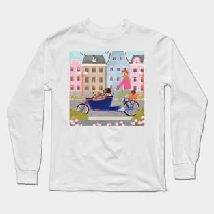 Lady pedalling a cargo bike full of dogs on Dutch street Long Sleeve T-Shirt